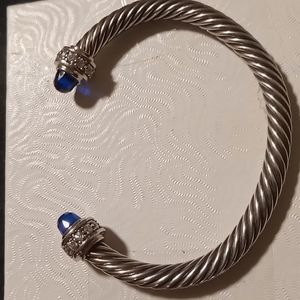 Twisted cable cuff sterling bracelet with blue sapphire gems & pave cz